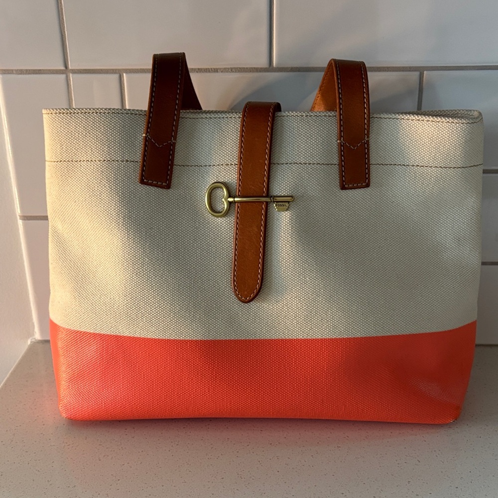 Fossil Cream and Orange Tote Bag